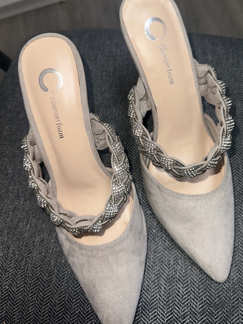 Women's Pointed Mule with Braided Rhinestone Strap - Light Gray